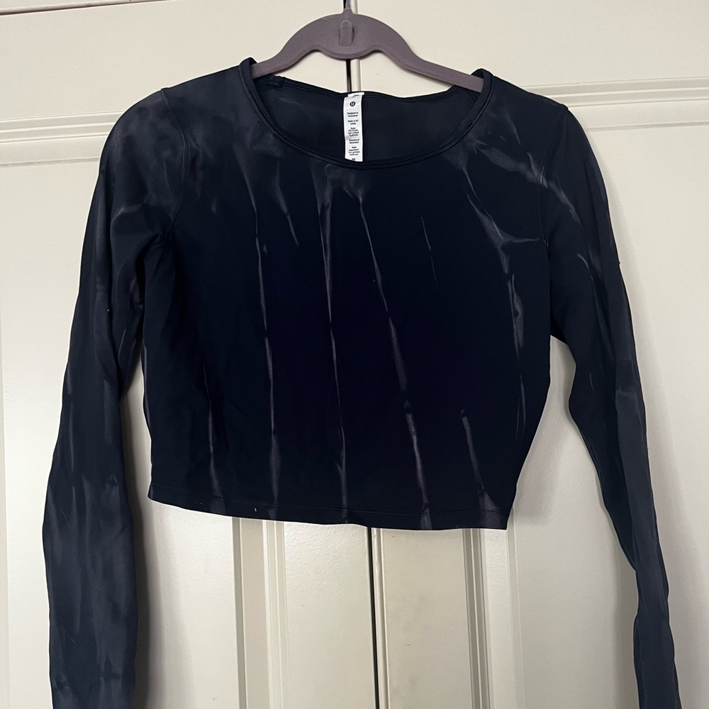 Lululemon Wunder Train Long Sleeve Crop Top. Navy and white tie dye